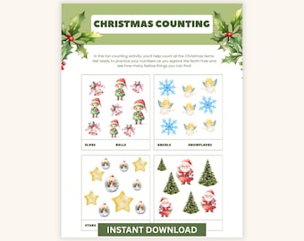 May include: A Christmas-themed counting activity sheet with illustrations of elves, bells, angels, snowflakes, stars, Santa Claus, and Christmas trees. The text "CHRISTMAS COUNTING" is at the top, with "INSTANT DOWNLOAD" at the bottom.
