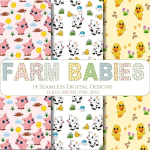 Farmyard babies seamless pattern bundle, cute farm animals digital paper, cow pig duck patterns for scrapbooking, cow seamless, pig pattern
