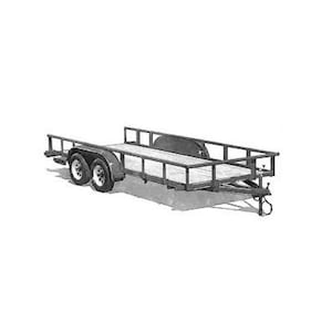 May include: A black utility trailer with a metal frame and wooden floor. The trailer has two wheels and a hitch.