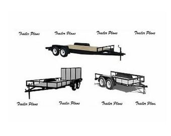May include: Five different trailer plans, each with a black frame and a wooden deck. The trailers are on a white background.