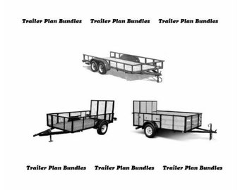 Op de afbeelding: Drie zwarte utility trailers met verschillende stijlen van zijkanten en poorten. De trailers staan op een witte achtergrond met de tekst "Trailer Plan Bundles" die bovenaan en onderaan de afbeelding wordt herhaald.