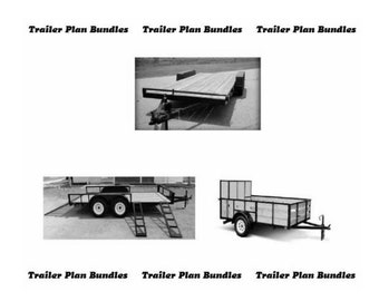 May include: Two black trailers with wooden beds. The trailer on the left has a ramp and is on a gravel surface. The trailer on the right has a high side and is on a white surface. Both trailers are for sale.