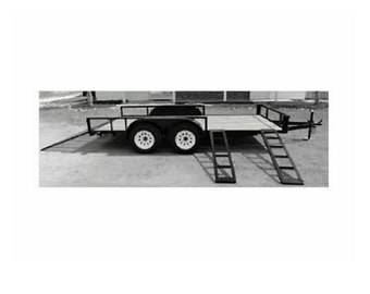 May include: A black utility trailer with a wooden bed, two black metal ramps, and two white wheels.