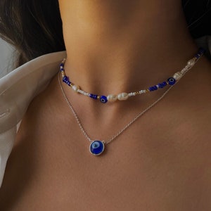 Blue Glass Evil Eye Choker with Seed Beads and Pearls