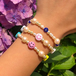 Smiley Face and Glass Evil Eye Pearl Beaded Bracelets