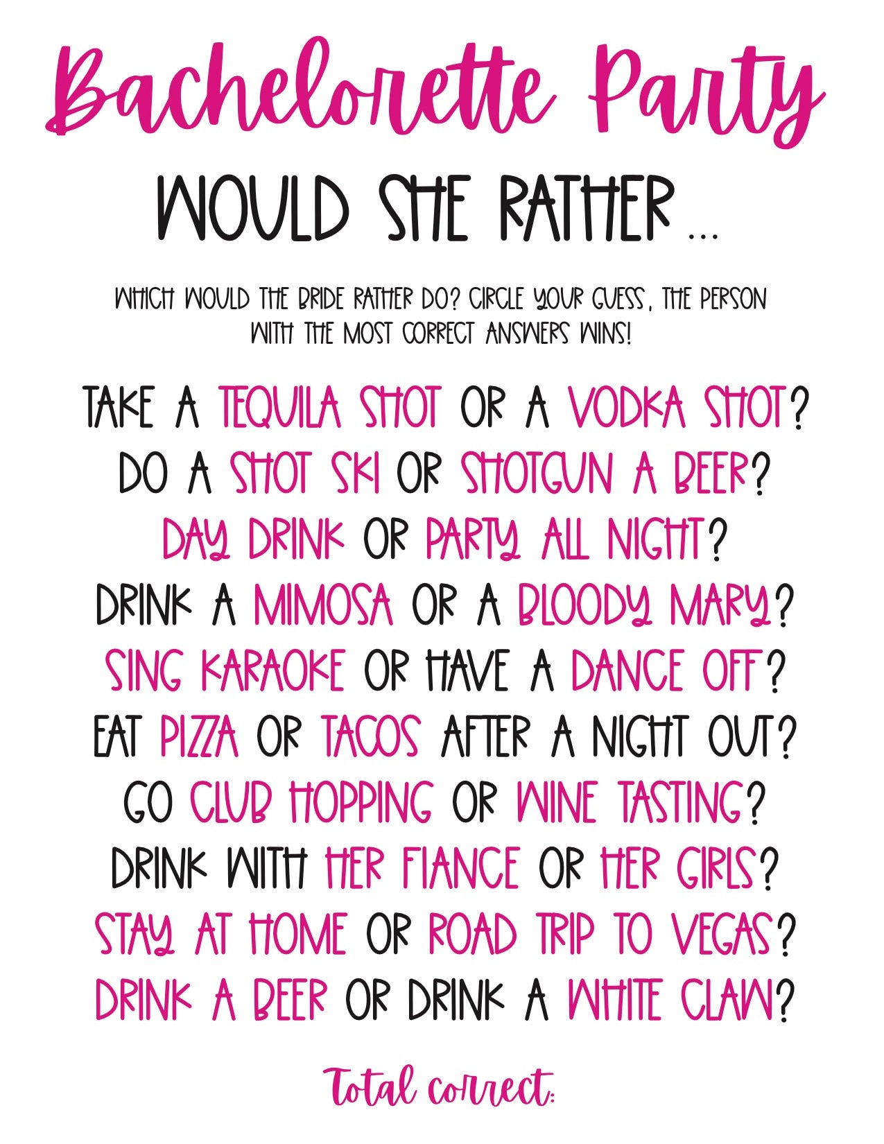 Would She Rather Bachelorette Party Printable Game - Etsy