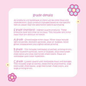 May include: A pink background with a white rectangular frame containing text about product grading. The text describes the grading system from S grade (standard) to C grade (lowest quality), detailing the types of flaws associated with each grade.