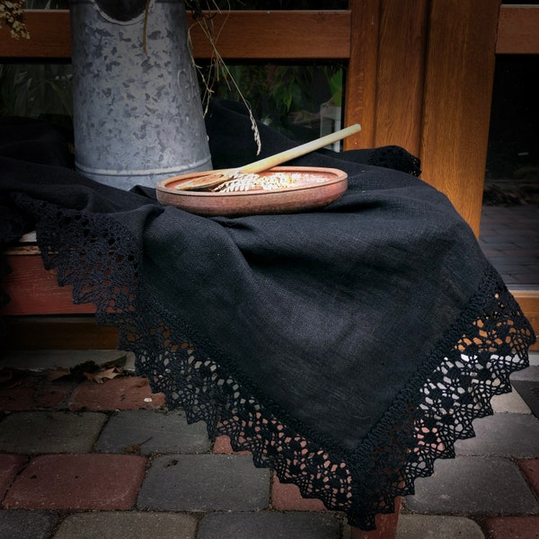 Black Gothic style Extravagant Tablecloth from Natural Linen softened burlap, wide linen black lace, thick but soft, different measurements