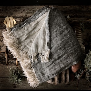 Double weaved Natural Linen plaid, pre-washed blanket, bed throw, beach blanket, one side melange black, other - beige, rich fringe