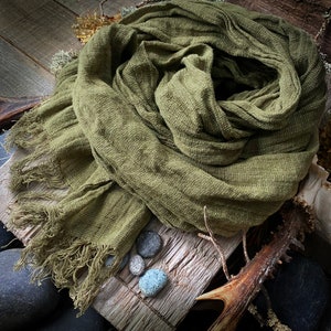 Olive green rustic look Natural Linen Soft Wrinkled shawl, gauze inen scarf with a nice fringe, long linen scarf, lightweigt gauze linen