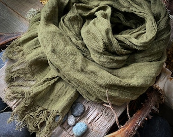 Olive green rustic look Natural Linen Soft Wrinkled shawl, gauze inen scarf with a nice fringe, long linen scarf, lightweigt gauze linen