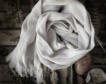 Light Gray Natural Linen Soft Wrinkled shawl, Double face Smooth Scarf, thick gauze inen scarf with a nice fringe, warm linen wrap