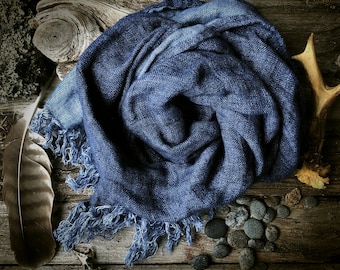 Indigo Blue Natural Linen Soft Wrinkled shawl, Double face Smooth Scarf, Jeans fabric look linen scarf with a nice fringe, warm linen wrap