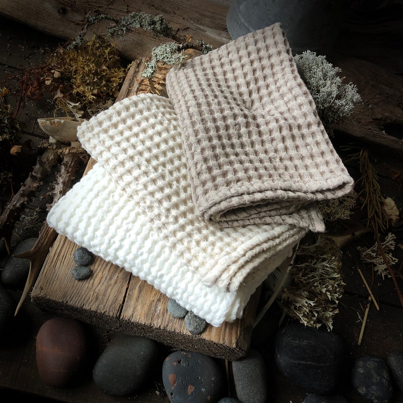 Cream, White and Beige Soft Waffle Linen-Cotton Bath and Hand Towels, Extra Soft stonewashed towels, thick waffle fabric, puffy waffle, eco image 1