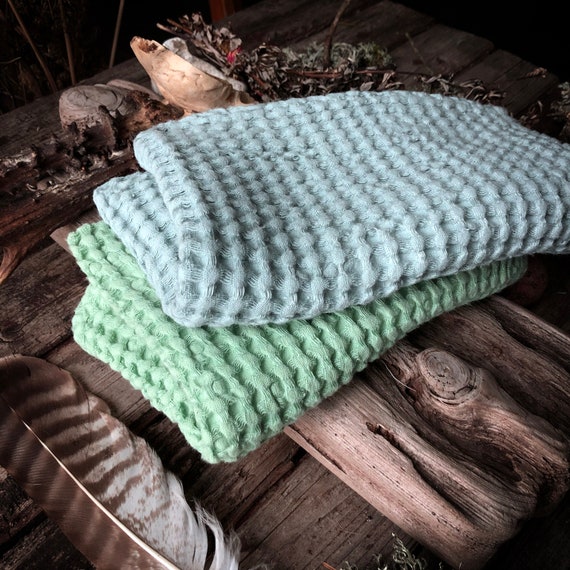 BATH TOWELS Cotton Linen Large Green and Brown Organic Soft Waffle Quick  Dry