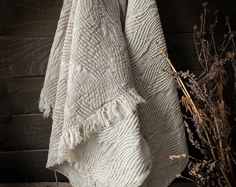 Rustic, nice pattern Puffy Thick Linen Hand Towels, deeply textured fabric, Beige undyed linen, thick and soft, pre-washed, double sided