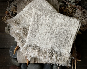 Birds&Roses Vintage look Puffy Thick Linen Hand Towels, deeply textured fabric, Beige undyed linen, thick and soft, pre-washed, double sided