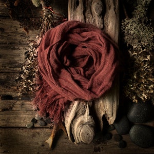 Rust color rustic look Natural Linen Soft Wrinkled shawl, gauze inen scarf with a nice fringe, long linen scarf, lightweigt gauze linen