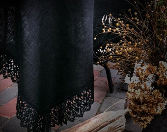 Custom size – 150 x 170cm Black Gothic style Extravagant Tablecloth from Natural Linen softened burlap, wide linen black lace