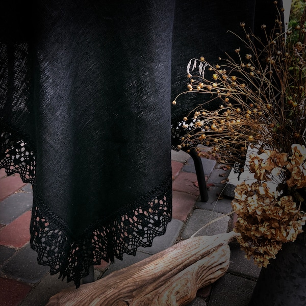 Custom size – 150 x 170cm Black Gothic style Extravagant Tablecloth from Natural Linen softened burlap, wide linen black lace