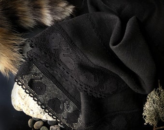Black Swan Natural Linen Hand Towels, Set of 2 thick and soft Vintage Guest, Tea Towels, wide black Linen Lace, Gothic Style, Gift for him