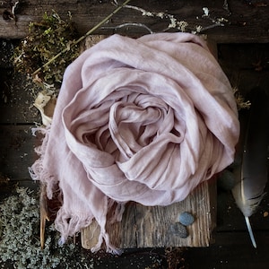 Light Mauve, Misty Rose color scarf, 100%  natural linen long washed gauzy scarf, lightweight frayed shawl, unisex, wrinkled with a fringe