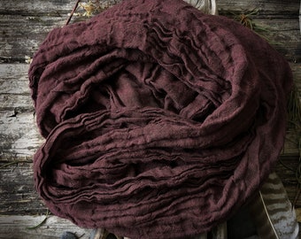 Burgundy 100% Pure Natural linen scarf, Rustic, Extra long, prewashed Linen gauzy scarf, lightweight frayed shawl, wrinkled, with a fringe