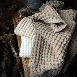 Cream, White and Beige Soft Waffle Linen-Cotton Bath and Hand Towels, Extra Soft stonewashed towels, thick waffle fabric, puffy waffle, eco image 2