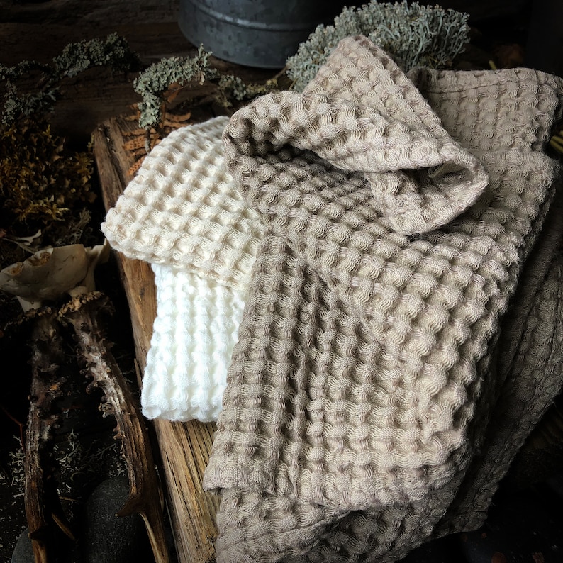 Cream, White and Beige Soft Waffle Linen-Cotton Bath and Hand Towels, Extra Soft stonewashed towels, thick waffle fabric, puffy waffle, eco image 2