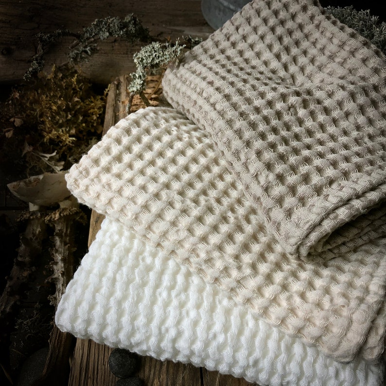 Cream, White and Beige Soft Waffle Linen-Cotton Bath and Hand Towels, Extra Soft stonewashed towels, thick waffle fabric, puffy waffle, eco image 5