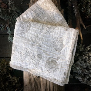 Ocean motifs Linen Thick Hand Towels, duplet textured fabric, Beige with Ivory, thick and soft, pre-washed, double sided, fast drying