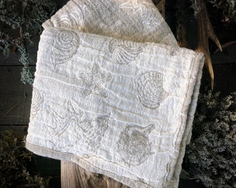 Ocean motifs Linen Thick Hand Towels, duplet textured fabric, Beige with Ivory, thick and soft, pre-washed, double sided, fast drying