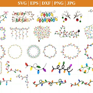 Peut inclure: Divers motifs de guirlandes lumineuses de Noël colorées, avec des formes variées, des chaînes, des cadres et le mot "love". L'image contient également le texte "Merry and Bright". Graphiques vectoriels disponibles en SVG, EPS, DXF, PNG et JPG.