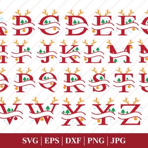 Kerst gesplitste alfabet SVG, kerst monogram SVG, kerst SVG cut-bestanden, 26 kerst hoofdletters, bestanden voor de Cricut & Silhouette
