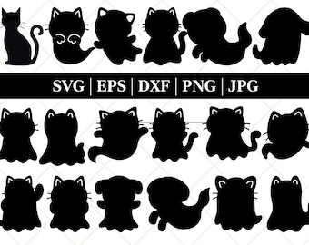 Halloween Cat SVG Bundle, Black Cat PNG Bundle, Cat Clipart, Halloween SVG Cut Files for Cricut, Cat Silhouette, Black Cat Svg, Spooky Svg