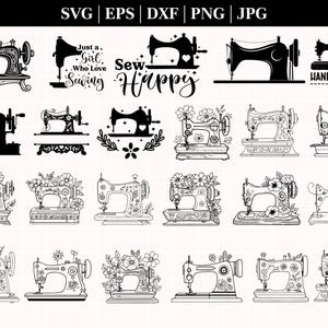 May include: A set of 18 black and white sewing machine SVG cut files. The designs include a variety of sewing machines with floral embellishments, text that says "Just a Girl Who Love Sewing", "Sew Happy", and "Handcrafted".