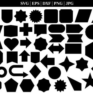 Puede incluir: Una colección de 36 formas geométricas en blanco y negro, que incluyen círculos, cuadrados, estrellas, corazones, flechas y más. Estas formas son perfectas para manualidades, scrapbooking o diseño digital.