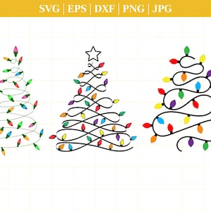 Może przedstawiać: Trzy różne wzory choinek wykonane z czarnym obrysem i kolorowymi światełkami. Pierwsze drzewko to spirala światełek, drugie ma bardziej tradycyjny kształt choinki, a trzecie to prosta, zakrzywiona linia.