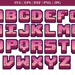 Könnte beinhalten: Ein pixeliertes Alphabet in Rosa und Lila mit einem Verlaufseffekt. Die Buchstaben sind in einem blockigen Retro-Stil.