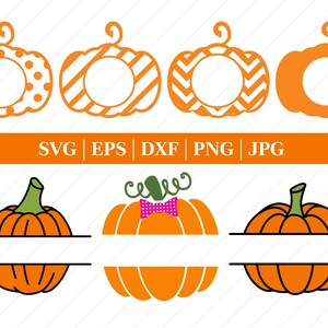 May include: Set of six pumpkin SVG cut files. The first row features four pumpkins with different patterns and a circle in the centre for personalisation. The second row features three pumpkins with a split design for adding text. One pumpkin has a pink bow.