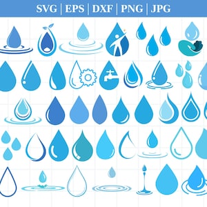May include: A collection of 50 blue water drop icons in various styles. The icons include water drops with ripples, water drops with gears, water drops with hands, and water drops with crosses. The icons are perfect for use in web design, graphic design, and other creative projects.