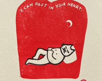 Heart rest - Original block print by MONOPPONOM