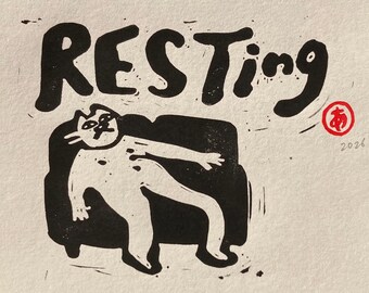 Resting - Original block print by MONOPPONOM