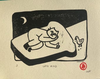 Late bird - Original block print by MONOPPONOM