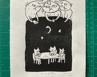Around the table - Original block print by MONOPPONOM