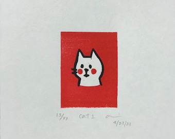 Cat 1 - Original block print by MONOPPONOM