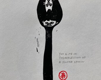 You and me in the reflection of a silver spoon - Original block print by MONOPPONOM