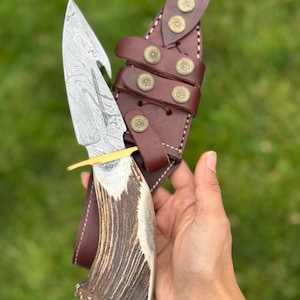 Stag Damascus Hunting Knife with Gut Hook