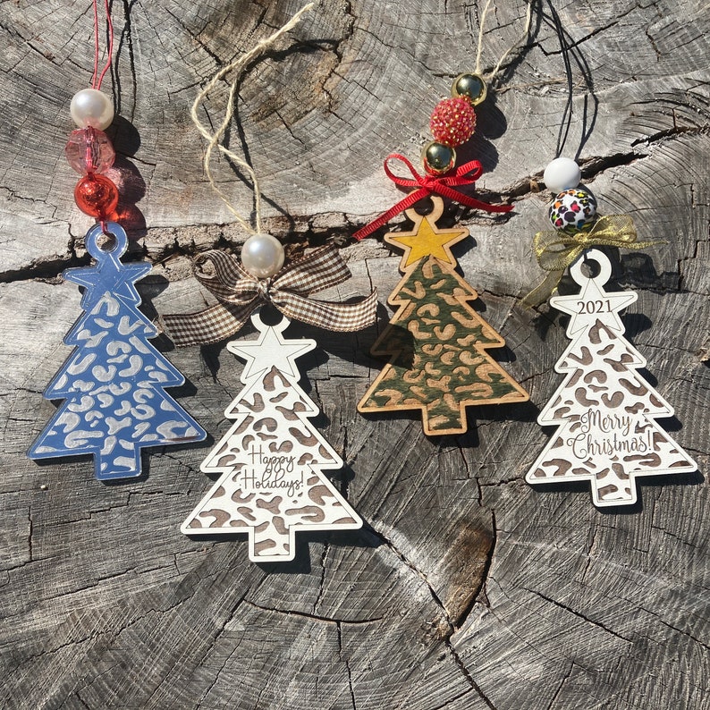 Leopard Print and Zig Zag Christmas Trees Holiday Ornament SVG Laser