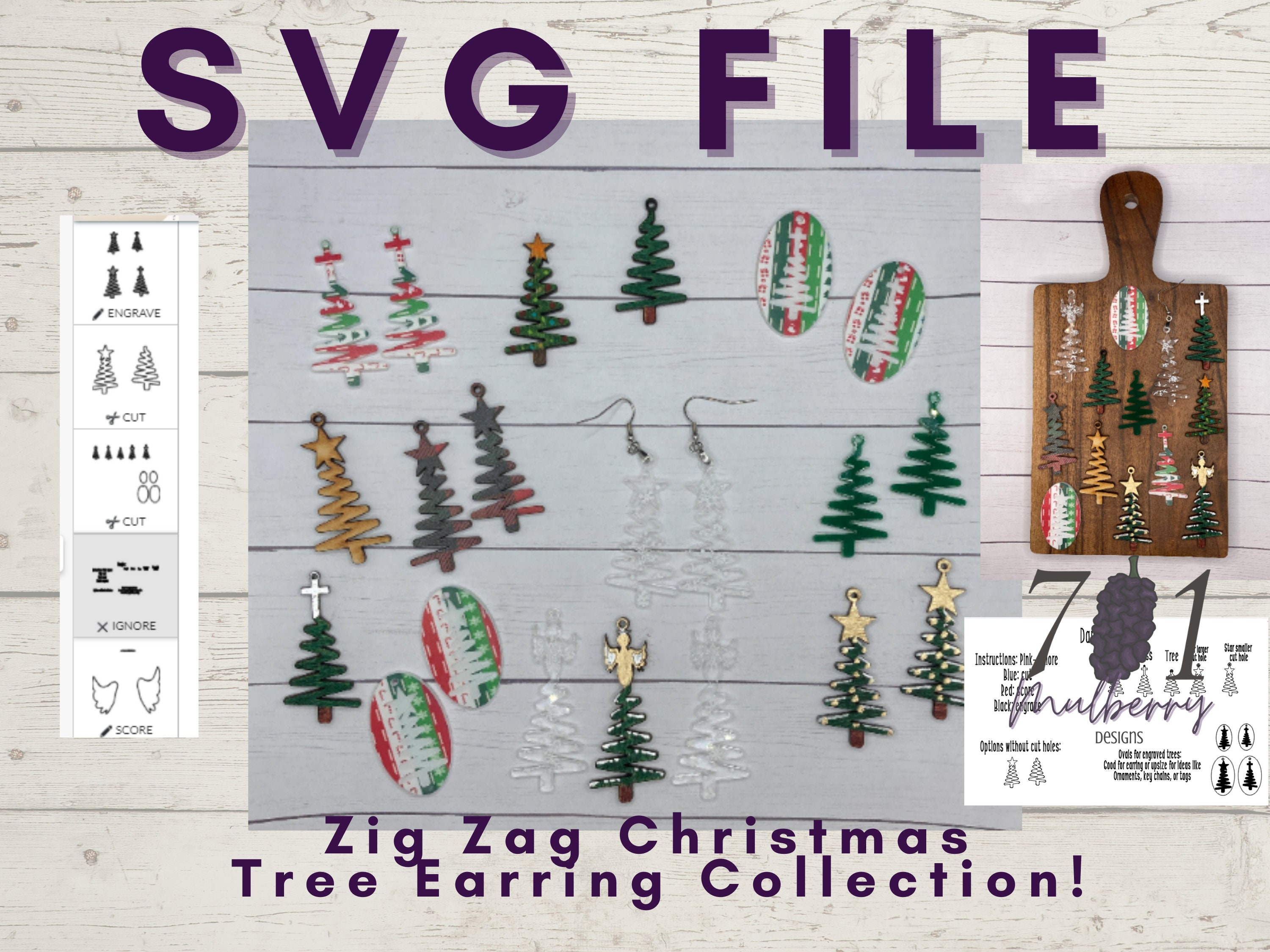 Simple Zig Zag Christmas Tree Earring SVG Laser File With Cross, Angel